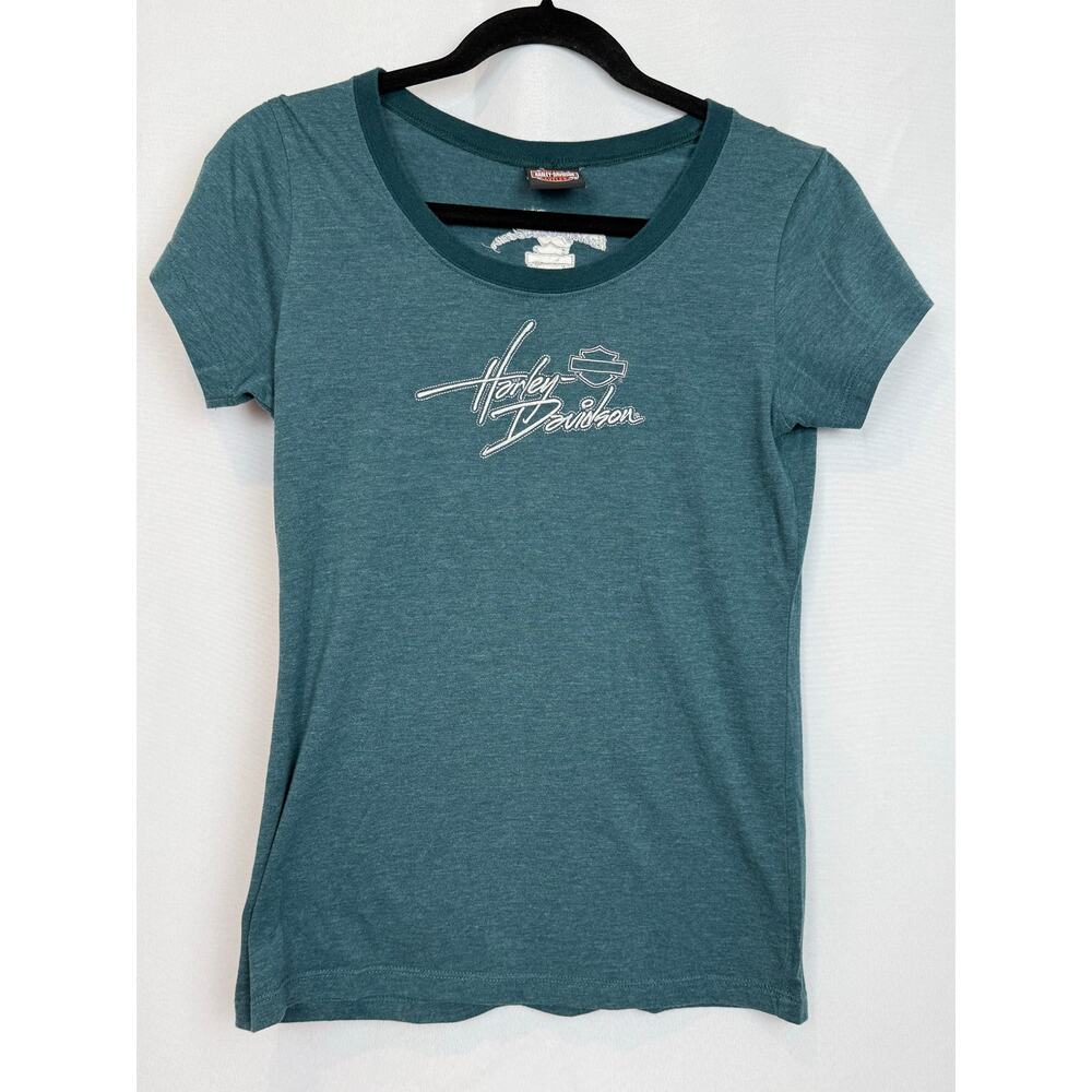 Harley Davidson Teal Embroidered Women's Tee Dealer Pittsfield MA
